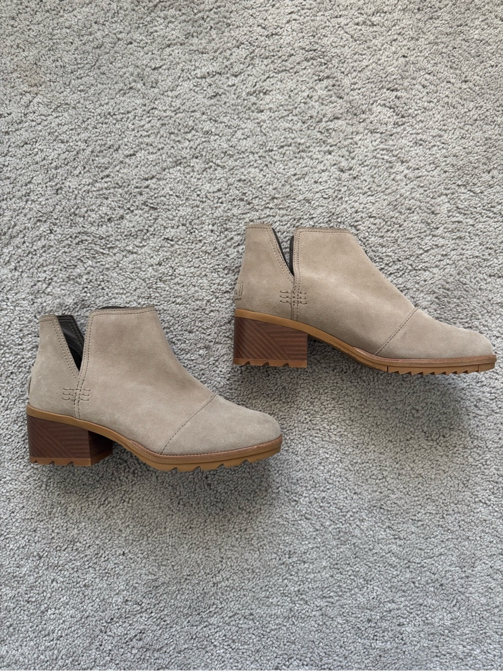 Sorel Taupe Suede Ankle Booties with Brown Block Heel